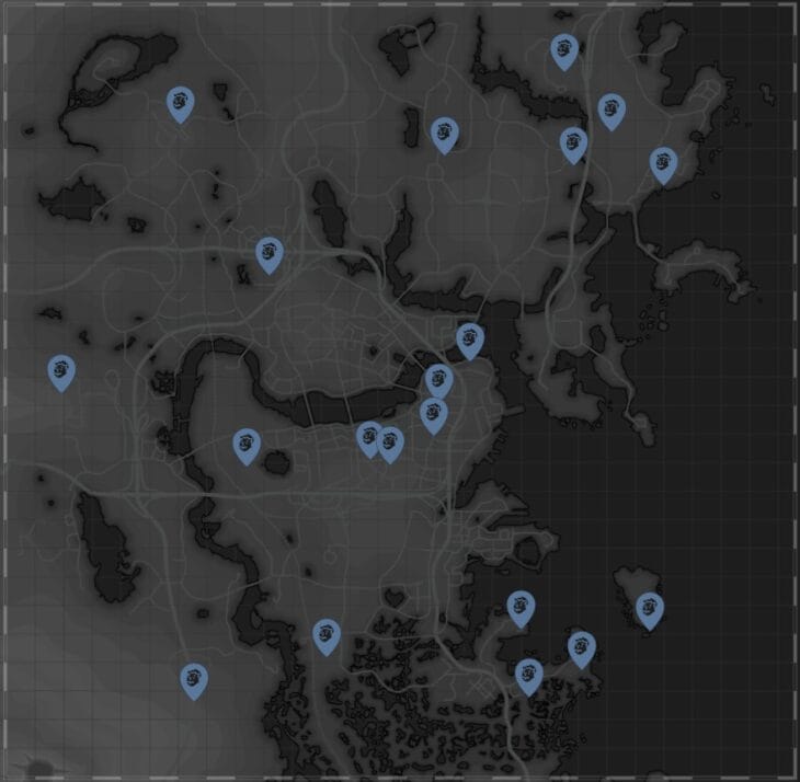 Mapa z zaznaczonymi lokacjami figurek