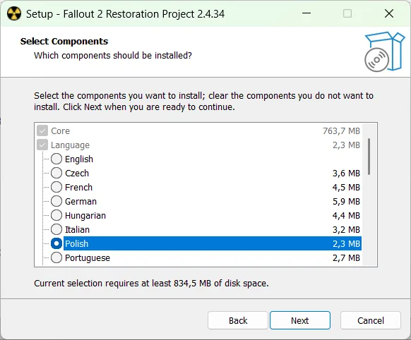 Restoration Project Updated - wybór języka