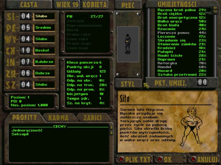 Fallout: Nevada – spolszczenie – Ekran postaci